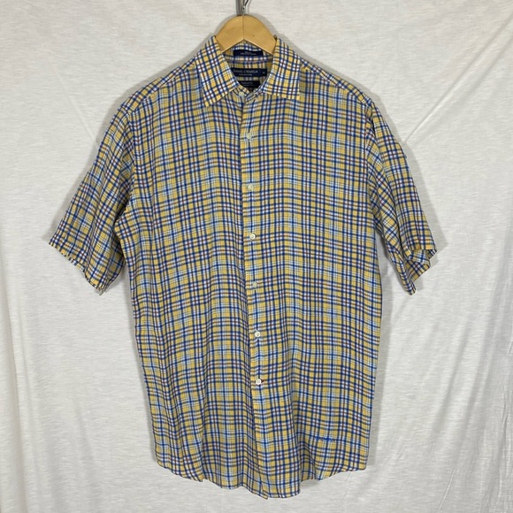 Daniel Cremieux Other - Daniel Cremieux‎ Yellow Blue Plaid 100% Linen Short Sleeve Men’s Shirt Size Med